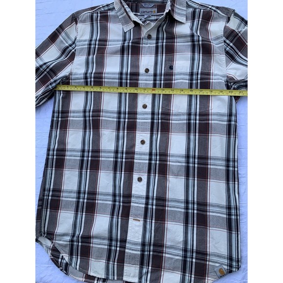 Carhartt Button Up Shirt Mens Medium Cream Brown Plaid Short Sleeve Relaxed Fit - Picture 7 of 10